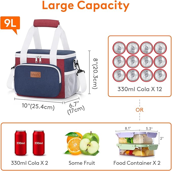 Lifewit Medium Lunch Bag, Insulated Lunch Box, Soft Cooler Cooling Tote for Adult Men Women, White and Red and Blue 12-Can (9L)