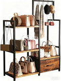 Industrial 4-Tier Storage Shelf with Drawer & Hanging Hooks - Metal & Wood Entryway Organizer Rack for Bedroom, Living Room - Freestanding Clothing Coat Rack with Multi-Level Shelves (Brown)