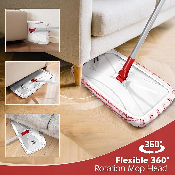 Masthome Extra Large Microfiber Mop for Floor Cleaning, 16“ Flat Mop with 5 Pad for Wet & Dry Use, Dust Mop for Hardwood Laminate Tile Ceramic, 1 Cleaning Scraper Included-Red