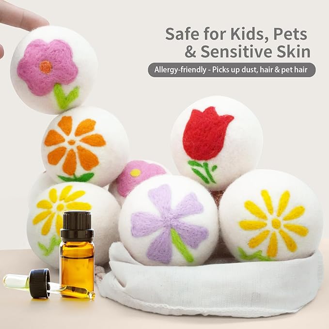 Wool Dryer Balls 6-Pack XL - Unique Petal Embroidery, Natural Reusable Laundry Fabric Softener, Reduces Wrinkles & Drying Time, Hypoallergenic & Leaves Fabrics Naturally Soft and Fluffy
