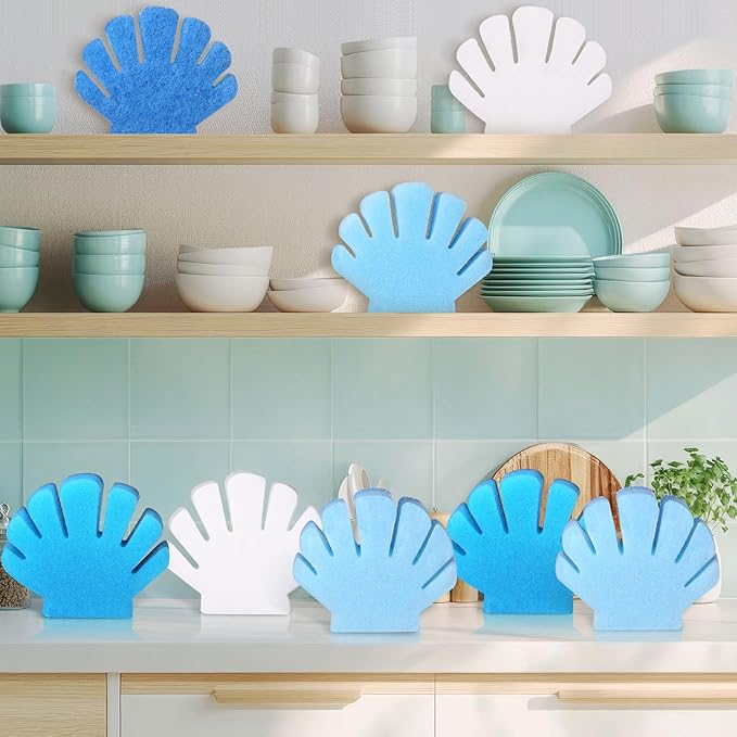 Tioncy 12 Pack Shell Kitchen Sponges Bulk Dual Sided Scrubber Summer Shell White Blue Sponges Dishwashing Kitchen Cleaning Accessories for Funny Beach Sea Theme Household Supplies