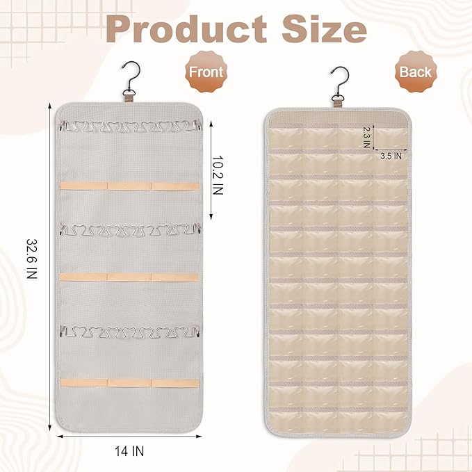 Dynoro Double-Sided Hanging Jewelry Organizer, Large Lvory Storage Roll for Earrings, Necklaces, Rings, 48 Pockets 21 Hooks, Durable Oxford Fabric for Closet, Wall, Door, 1 piece, Jewelry Not Included