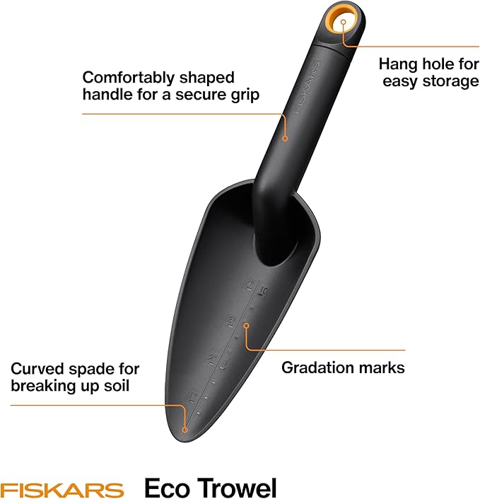 Fiskars Eco Trowel with Curved Spade, Ergonomic Handle, UV Resistance, Durable, Eco-Friendly Tool for Planters and Garden Beds