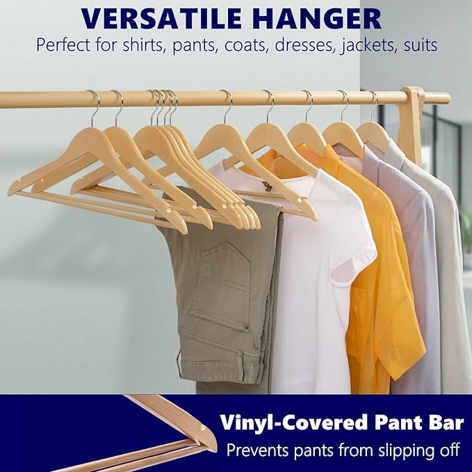 Amber Home 30 Pack Wooden Coat Hangers, Natural Wood Suit Hangers with Non-Slip Pant Bar, Clothes Hangers for Closet Organization, Shirts, Jackets, Dresses, and Pants (Natural, 30)