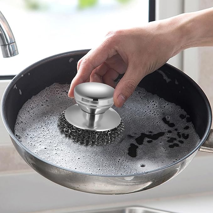 Onewly 2Pack Steel Wool Scrubber Set, Stainless Steel Scrubber with Stainless Steel Handle, for Cleaning Dishes, Cast Iron, Stock Pots, Pans, Griddles, Grills