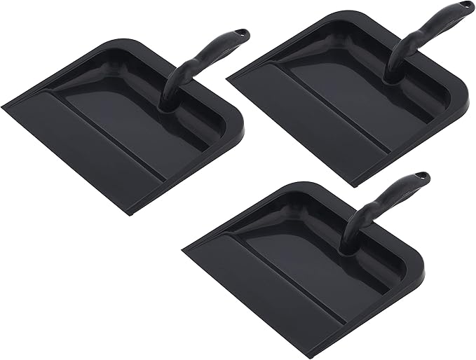 Superio Heavy Duty Plastic Dustpan with Comfort Grip Handle Black, Durable, Lightweight Multi Surface Dust Pan Easy Broom Sweeping, 10 inches Wide, 3-Pack