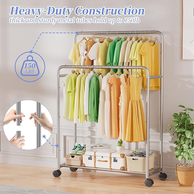 Simple Trending Clothing Clothes Rack Double Rods with Wheels, Rolling Metal Garment Rack for Hanging, Silver
