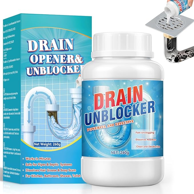 Drain Clog Remover, Powerful Sink Drain Cleaner Powder, Fast Removes Clogs, Hair, Grease & Soap Scum, for Pipes Home Use 260g