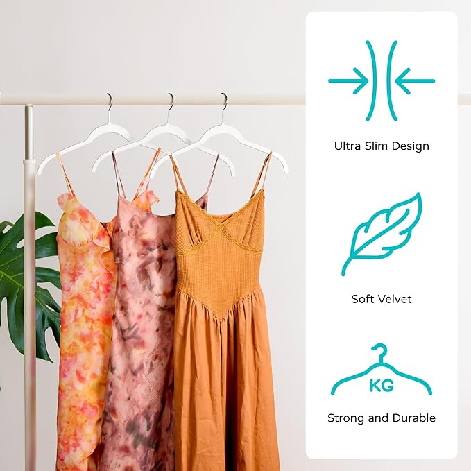 Sishynio Premium Velvet Shirt Hangers 50 Pack, Non-Slip 360° Swivel Hook Slim Felt Hanger, Space Saving Flocked Hangers for Tank Tops, Blouses, Strappy Dresses(White)