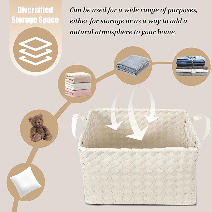 Handwoven Clothes Basket Laundry Hampers Large Wicker Storage Baskets for Shelves Blankets Closet Storage Bins Car Bedroom Bathroom Organizers and Storage Bath (Pack of 4, Ivory)