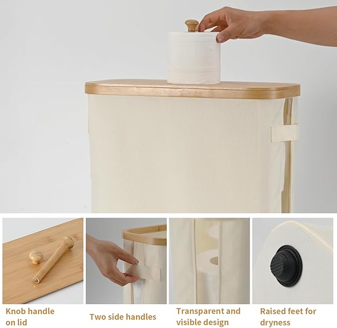 32L Bamboo Toilet Paper Storage Basket with Lid and Handle， Toilet Paper Organizer for Bathroom - Mega Capacity ， Collapsible Bathroom Toilet Paper Holder with Storage, Soft Beige，1 Pack