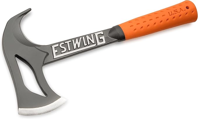 ESTWING Hunter's Axe - 14.25" USA Made Forged Steel Hatchet with Gut Hook & Hi-Vis Orange Shock Reduction Grip - EOHA
