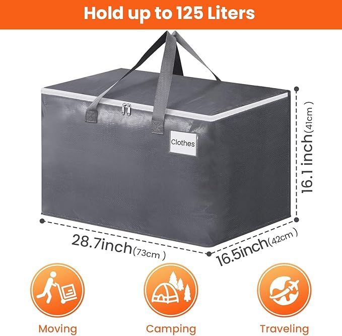BlissTotes Large Moving Boxes and with Zippers & Handles Moving Supplies with lids, Heavy Duty Totes for Storage Bags for Space Saving, Fold Flat, Moving and Storing 125L, 2 Pack
