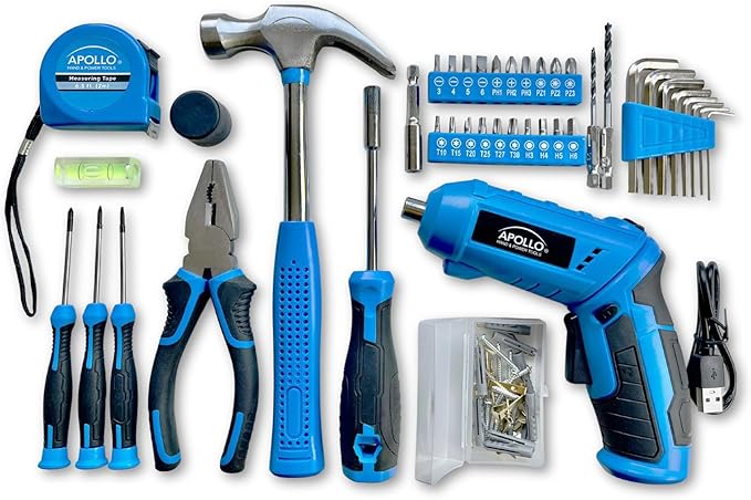 Apollo Tools 81-Piece Home Tool Set with 3.6V Li-Ion USB Cordless Screwdriver, Rotating Handle, LED Light, Hand Tools & Picture Hanging Kit – Compact Household Repair & DIY Kit, Blue/Gray DT2020