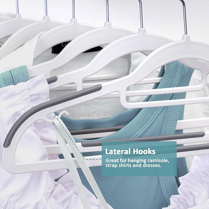 Tonswachic 50-Pack Coat Hangers, Space Saving Plastic Clothes Hangers, Non-Slip, 0.2 Inches Slim, 16.53 Inches Wide, 360° Swivel Silver Hook for Shirts, Pants & Wet/Dry Garments, White and Dark Gray