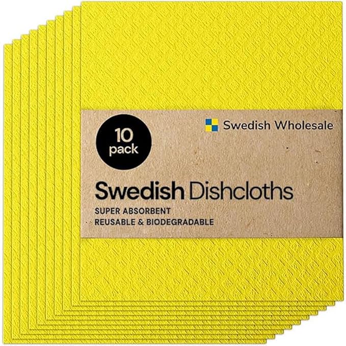 Swedish Wholesale Dishcloths Reusable 8" x 7" Sponge Cloths, Bulk 10 Pack of High Absorbent Cellulose Dish & Kitchen Cleaning Hand Towels, Wring to Dry & Machine Wash, Odor Resistant, Yellow