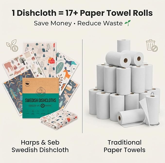 Harps&Seb Swedish Dishcloths for Kitchen Dish Towels - 5 Pack, Non-Scratch Reusable Paper Towels, Super Absorbent Washable Swedish Dish Cloths, No Odor, Biodegradable, Forest Designs