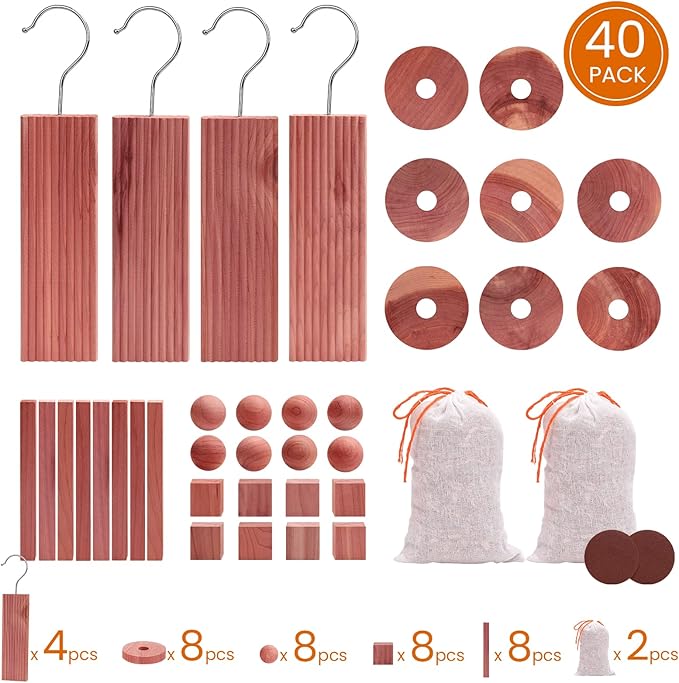 Homode Cedar Blocks for Clothes Storage, Set of 40, Cedar Chips for Closets and Drawers, Aromatic Cedar Wood Balls and Cedar Sachets, Cedar Closet Freshener