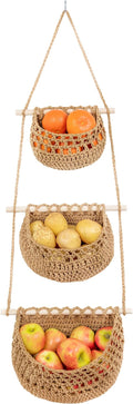 Cotton Hanging Fruit Basket, 3 Tier Woven Wall Basket, Hanging storage baskets for Kitchen and Bathroom, Macrame Wall Hanging, Boho Decor Over The Door Organizer, Brown