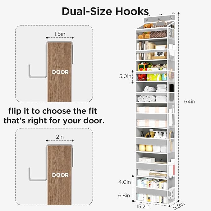 Mefirt Over The Door Organizer, 8 Shelf Door Hanging Organizers with 8 Large Capacity Pockets, Back of Door Organizer Storage Hanging Shelves for Closet Bathroom Bedroom Nursery
