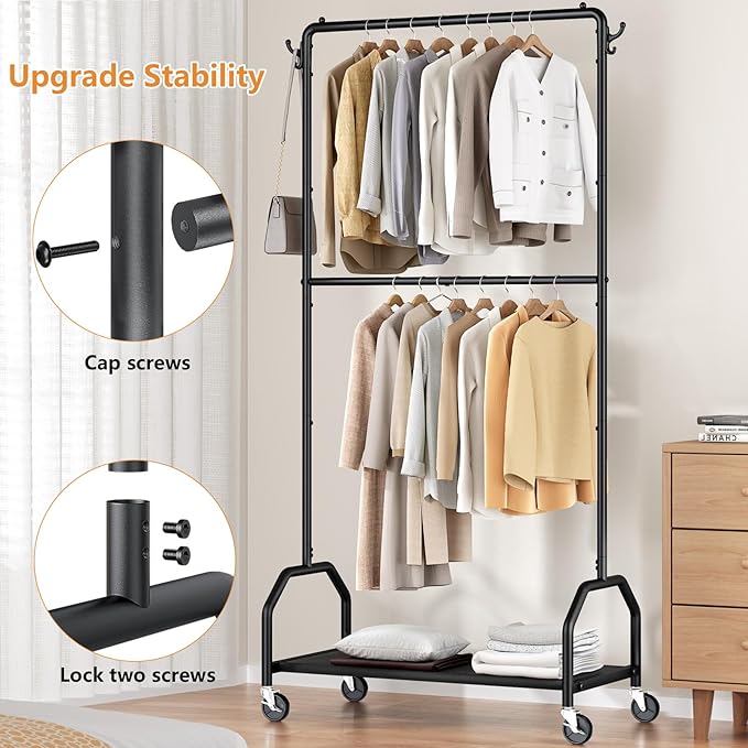 Wiracks Clothes Rack Double Hanging Clothes Rack Clothing Rack Garment Rack 130LBS Capacity 34.5" W X15.8 D X 79" H Rolling Clothes Racks for Hanging Cothes with Bottom Shelf