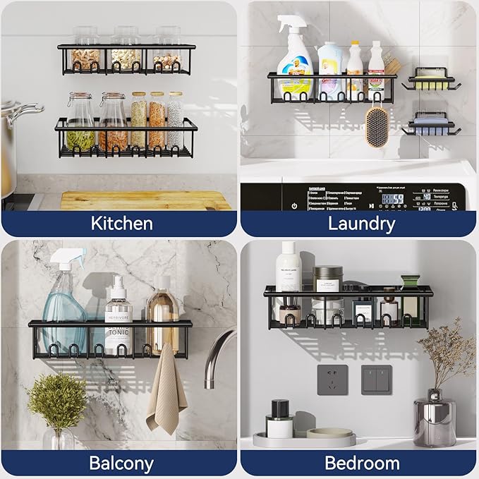 8 Pack Adhesive Rustproof Shower Caddy with Soap Dishes, Toothbrush Holder & Hooks, Large Capacity No-Drilling Shower Shelves Rack for Bathroom Organizers and Storage Accessories, Black