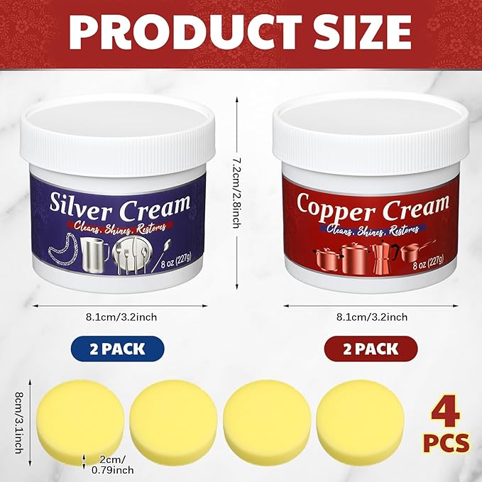 4 Pack Silver and Copper Cream Cleaner and Polish Cream 8 Ounce Each Metal Polish for Silver Copper Brass Jewelry Chrome Sink Silverware Cleaner Brass Tarnish Remover