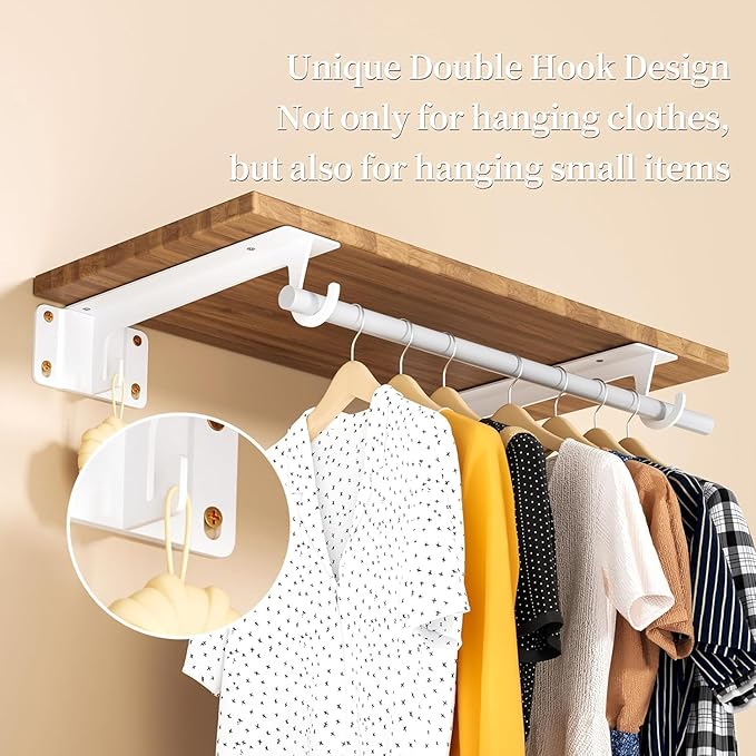 Closet Rod Bracket White WYGWP Heavy Duty Shelf Brackets with Rod Holder Supports 200lbs,Sturdy Closet Shelves Wall Mounted for DIY Home and Closet Decor