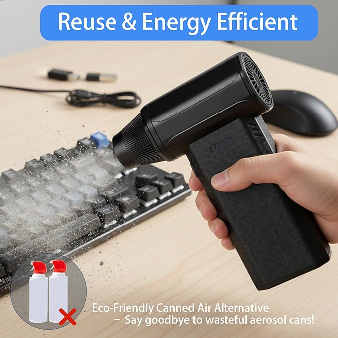 Compressed Air Duster-150000RPM Super Power Electric Duster, 3-Gear Turbo Fan，Rechargeable Cordless Air Blower with，for Snow, Leaves, Computer, Keyboard, Outdoor, House and Car Cleaning