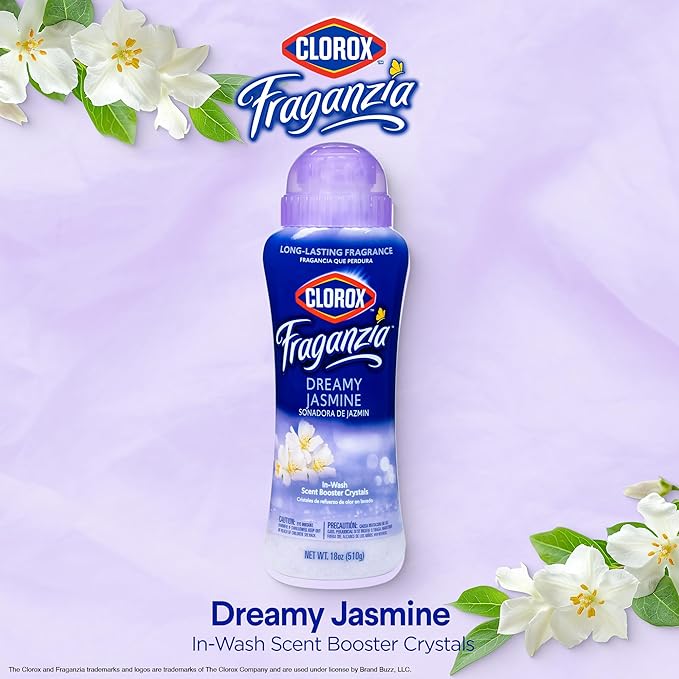 Clorox Fraganzia Laundry Scent Booster Crystals, In-Wash Fragrance Beads for Fresh-Smelling Clothes & Linens, Safe for All Fabrics & Colors, Easy-Pour Bottle, Dreamy Jasmine Scent, 18 Oz, 2 Pack