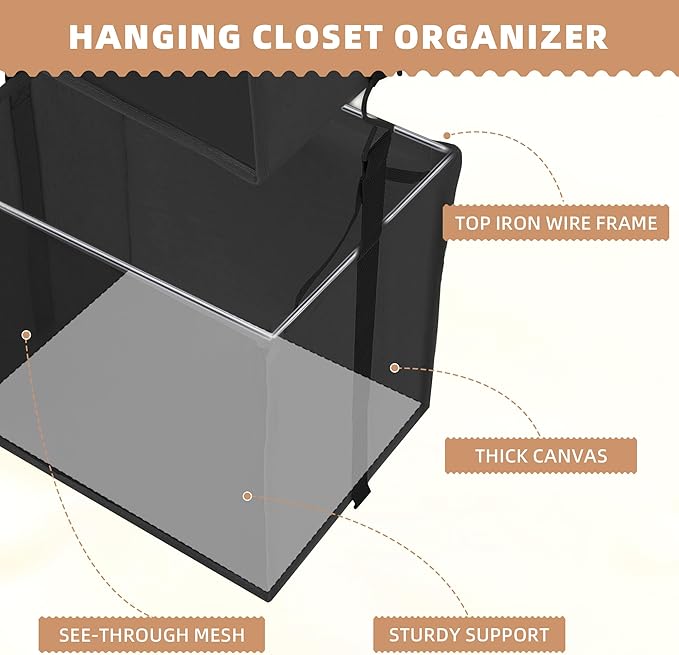 STORAGE MANIAC 2-Shelf Hanging Closet Organizer, Cloth Hanging Closet Shelf, Hanging Closets Baskets with Hooks for Dorm, Apt, Bedroom, College, Garment Rack, Wardrobe, Fabric with Mesh, Black
