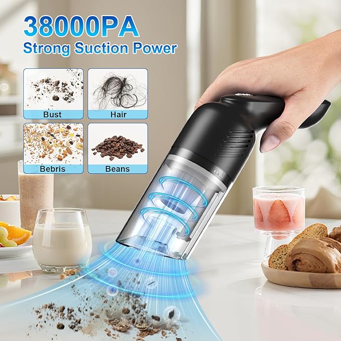 38000PA Handheld Vacuum Cordless | 120W Deep Cleaning for Car Pet Hair | Portable Cleaner with 2000mAh Battery, LED Light & Multi-Nozzles | Home Office Multi-Surface