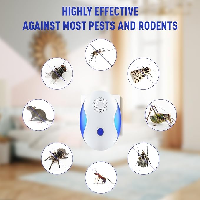 Ultrasonic Pest Repellent for Indoor Use, 4-in-1 Electronic Pest Control for Mice Insects Spiders Rodents Bug Cockroach, Advanced Chip Insect Repeller with Night Light, White (4 Pack)