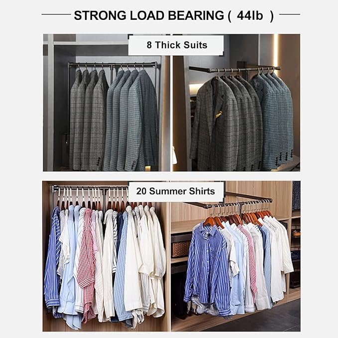 Pull Down Closet Rod for Hanging Clothes, Retractable Wardrobe Hanger for Cabinet Inside Width 21.6"~26", Aluminium alloy Tubing with Plastic Housing, 44 lb Weight Rating