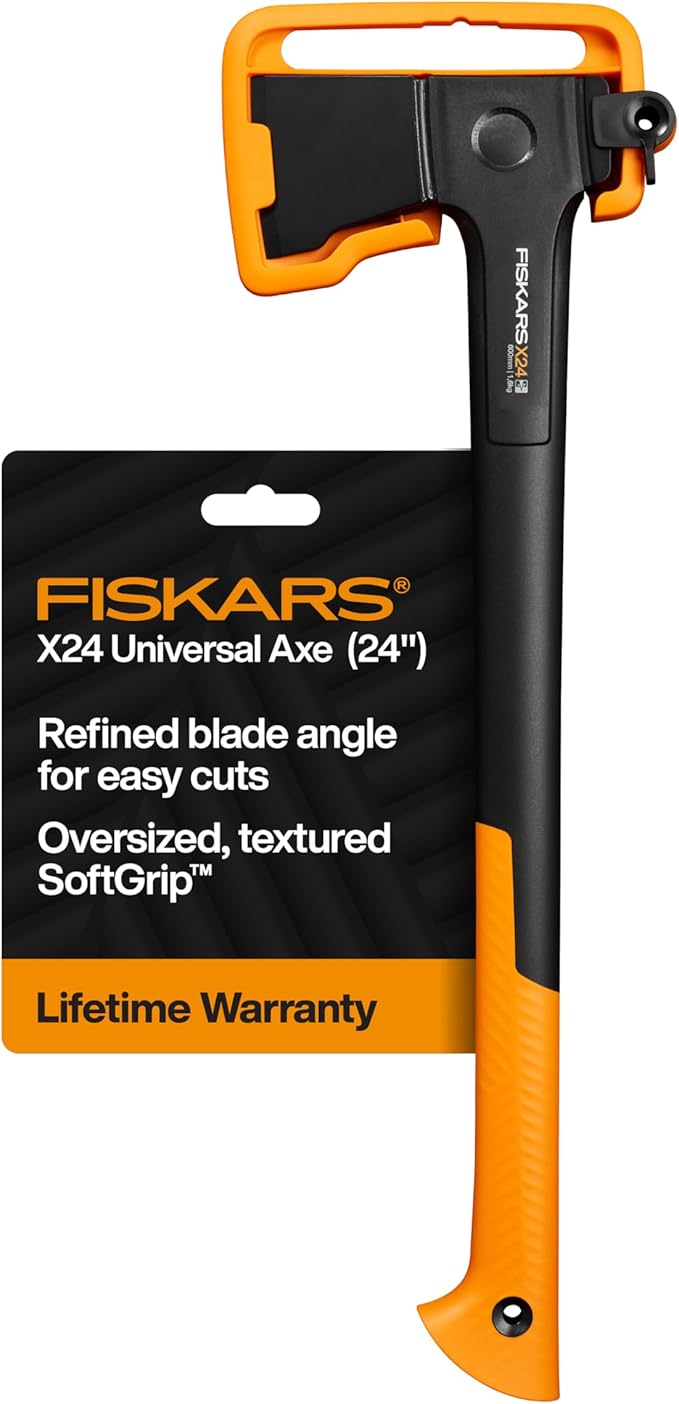Fiskars X24 Universal Axe 24", Forged Steel Blade for Felling Trees & All-Purpose Chopping, Shock-Absorbing FiberComp Handle & Low-Friction Coating for Clean Cuts in Fresh Resinous Wood