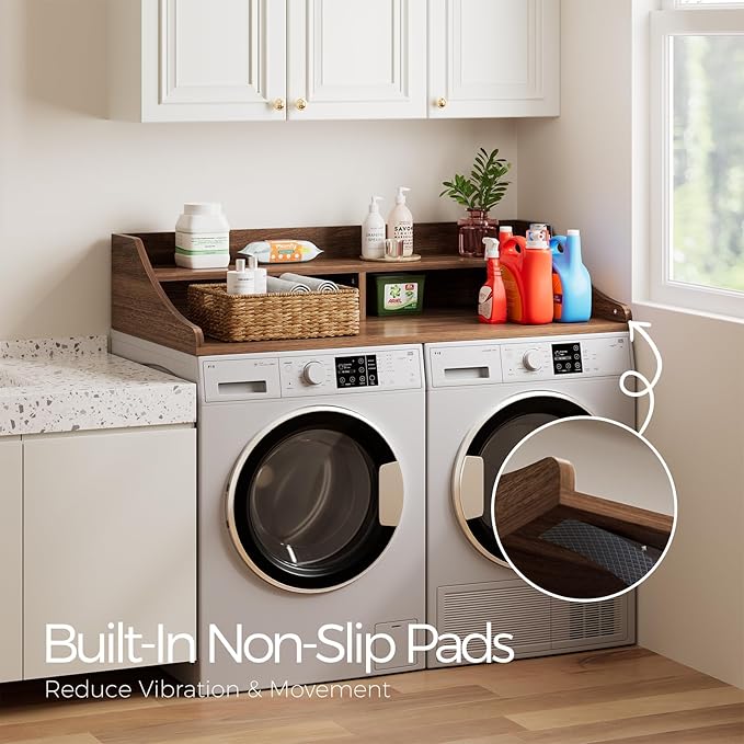 OAKHAM HOME 2-Tier Washer Dryer Countertop, 54" x 27.6" Washer Dryer Topper with Storage Shelf and Non-Slip Pads for Laundry Room Organization, Walnut