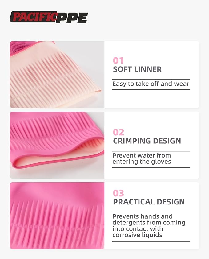 PACIFIC 2 Pairs Reusable Rubber Gloves for Washing Dishes and Cleaning Tasks, Water Resistant Household Gloves for Kitchen Bathroom, Grippy Latex Dish Washing, Pink, Large