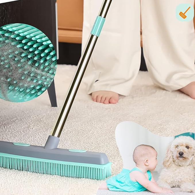 Pet Carpet Hair Rubber Broom with 49inch Long Handle, Portable Detailing Lint Remover, Soft Push Broom for Fluff Carpet, Hardwood, Tile, Window