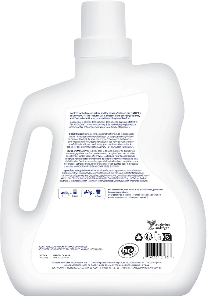 ATTITUDE Liquid Fabric Softener, Plant-Based & Vegan, HE Compatible, Naturally Derived, Citrus Zest Scent, 80 Loads, 67.6 Fl Oz