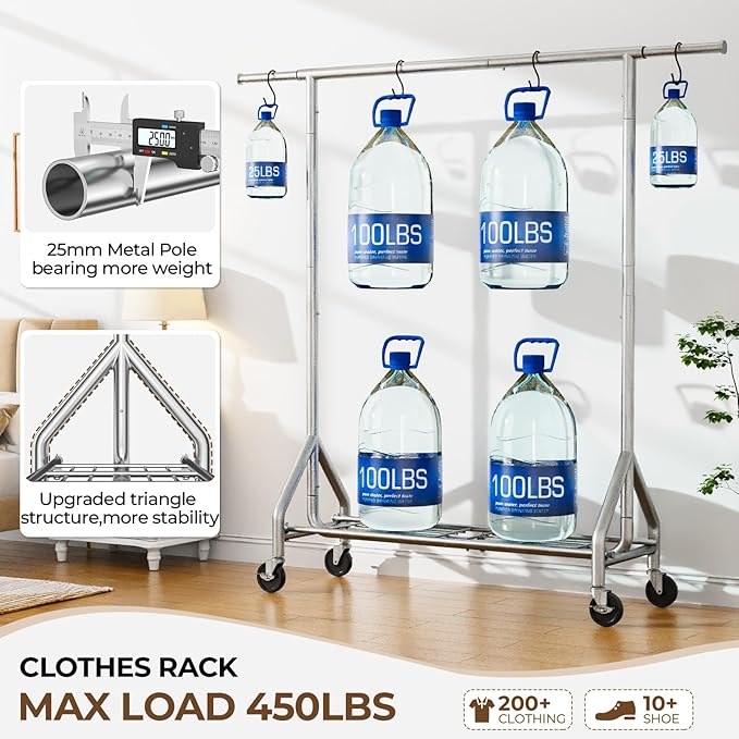 HYSEYY Heavy Duty Clothes Rack Load 450 LBS, Metal Garment Rack, Standing Rolling Clothing Rack for Hanging Clothes with Sturdy Wheels & Shelves, Portable Closet Wardrobe Rack,Sliver