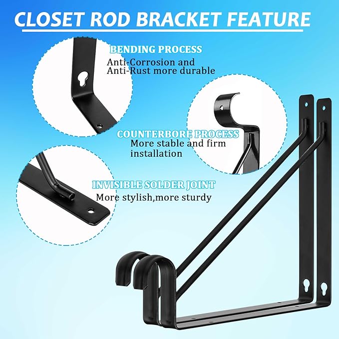 8 Pack Heavy Duty Closet Shelf & Rod Brackets 11 x 11 Inch, 300lbs Closet Shelf Bracket with Rod Holder for Home and Closet Decor, Wall Mount Closet Pole Support Bracket with Screws, Black