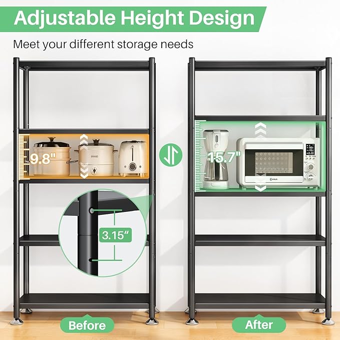 5 Tier Adjustable Storage Shelves, Heavy Duty Metal Storage Rack with Wheels, Shelving Units Utility Shelf for Kitchen, Pantry, Bathroom, Garage, Office Organization and Storage, Black, 13"x24"x59.7"