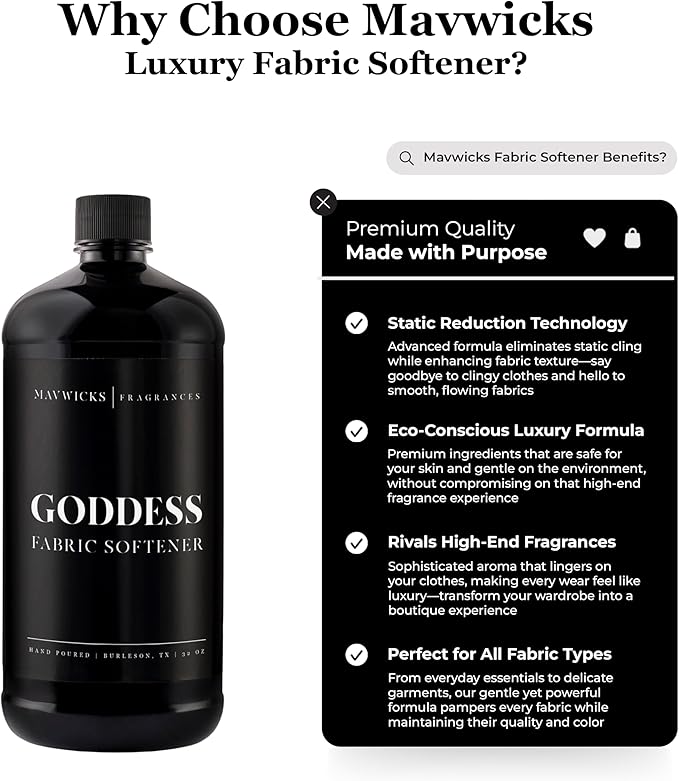Mavwicks Fragrances - Luxury Scented Liquid Fabric Softener (Goddess) 32 Oz – Crafted with Clean Ingredients – Reduces Static, and Softens Clothes – Safe for All Fabrics and Skin