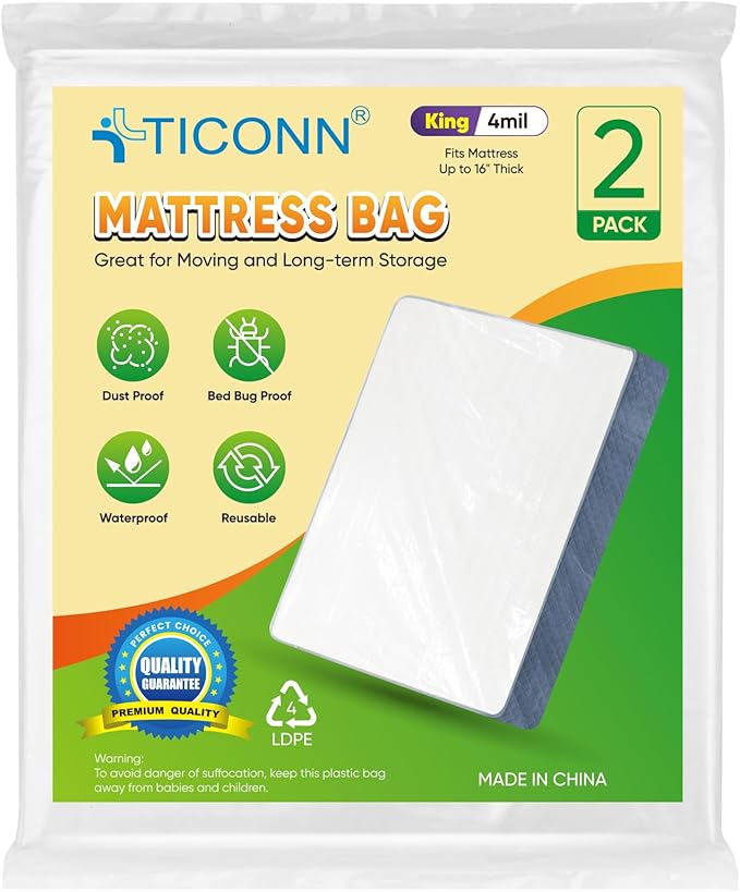 TICONN 2PK Plastic Mattress Bag for Moving Storage, Waterproof Mattress Protector Cover, Heavy-Duty Mattress Moving Supplies (4 mil, King)