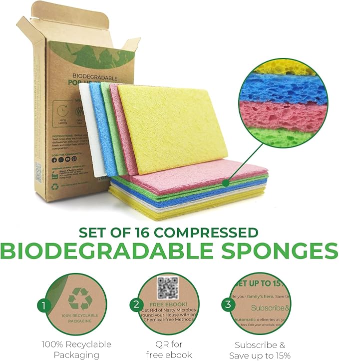 Compressed Cellulose Sponges - 16 Pack Natural Pop Up Dish Sponge for Kitchen - Compostable Plant-Based Cleaning Sponges Bulk – Non Scratch Natural Sponge for Dishes & Household Cleaning