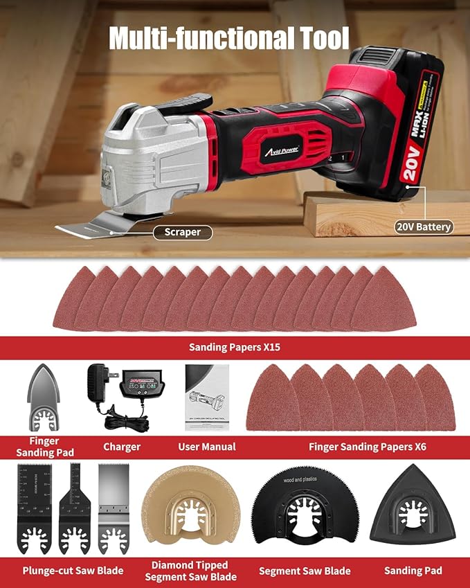 AVID POWER Cordless Oscillating Tool 20V Battery Powered Oscillating Multitool with 2.8° Oscillation Angle, Variable Speed Oscillating Saw w/ 31Pcs Accessories for Scraping/Cutting & Sanding