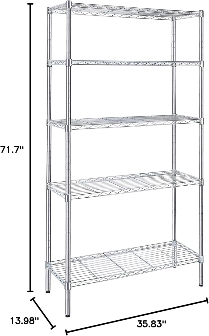 Simple Deluxe 5-Tier Storage Shelves, 35.83" W x 13.98" D x 71.7" H Wire Metal Shelving Unit, 1250 Lbs Loading Capacity, Chrome