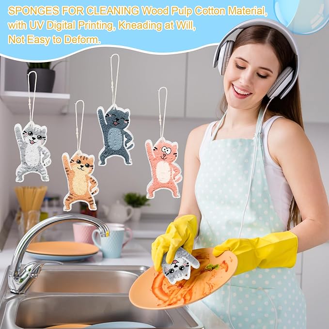 8 Pack Cute Kitchen Sponges Dish Set Compressed Non-Scratch Reusable Kitchen Cleaning Household Sponges for Dishes, Pans, Kitchen, Fruit, Plate, Bathroom(Cat)