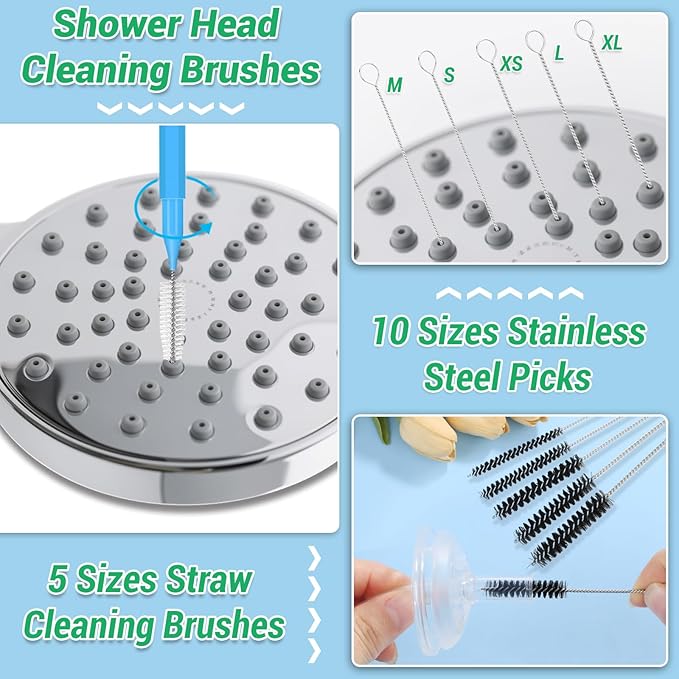 51-in-1 Shower Head Cleaner Kit & Straw Cleaning Brushes Set - Unclog Nozzles, Holes, Stanley Cups, Sippy Bottles, Printers, Faucets - 35 Brushes, 10 Steel Picks, 5 Straw Brushes (3 Colors)
