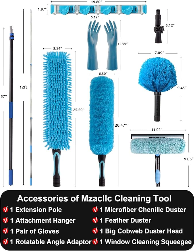 20 Foot High Reach Ceiling Fan Duster with 5-12ft Heavy Duty Extension Pole, Microfiber Feather, Cobweb Duster, Window Squeegee Kit, Cleaning Gloves